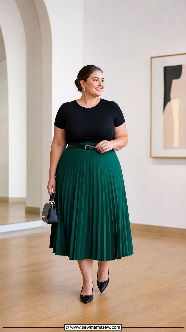 Plus Size Fitted T Shirt With Pleated Midi Skirt - 20 plus size fitted t shirt outfit ideas