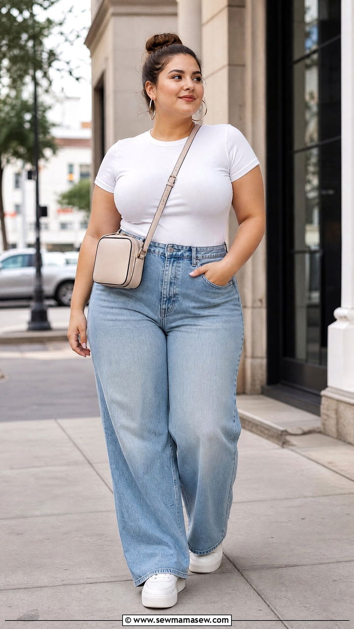 Plus Size Fitted T Shirt With Wide Leg Jeans - 20 plus size fitted t shirt outfit ideas