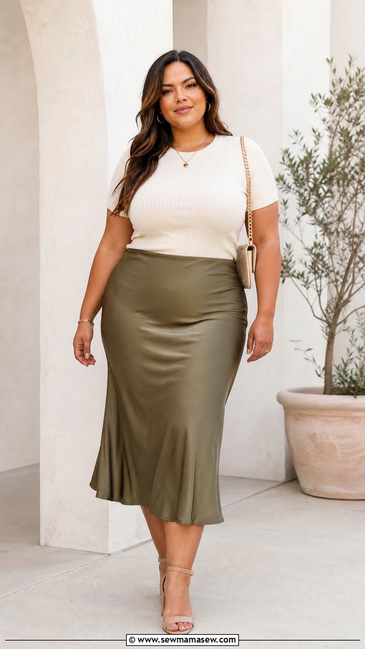 Plus Size Fitted Top With A Satin Midi Skirt - 20 plus size fitted top outfit ideas