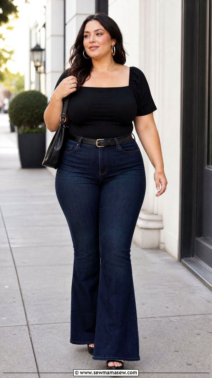 Plus Size Fitted Top With Flare Jeans - 20 plus size fitted top outfit ideas