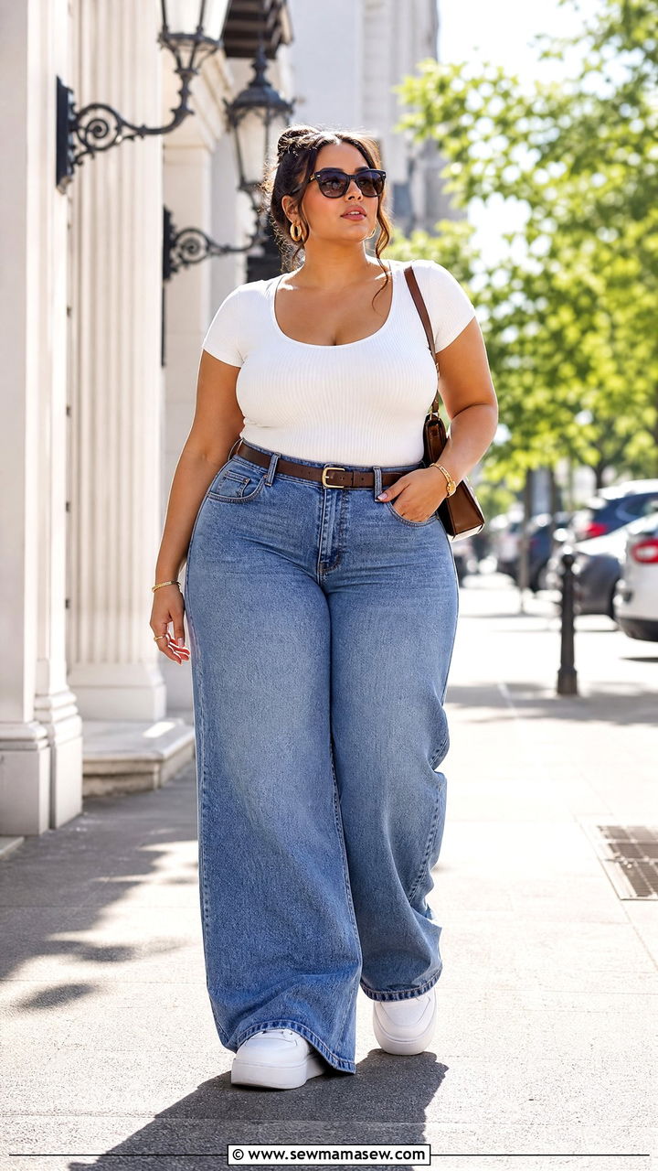 Plus Size Fitted Top With Wide Leg Jeans - 20 plus size fitted top outfit ideas