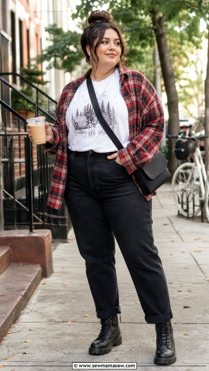Plus Size Flannel Shirt Outfit With Graphic Tee - 20 plus size layering outfit ideas