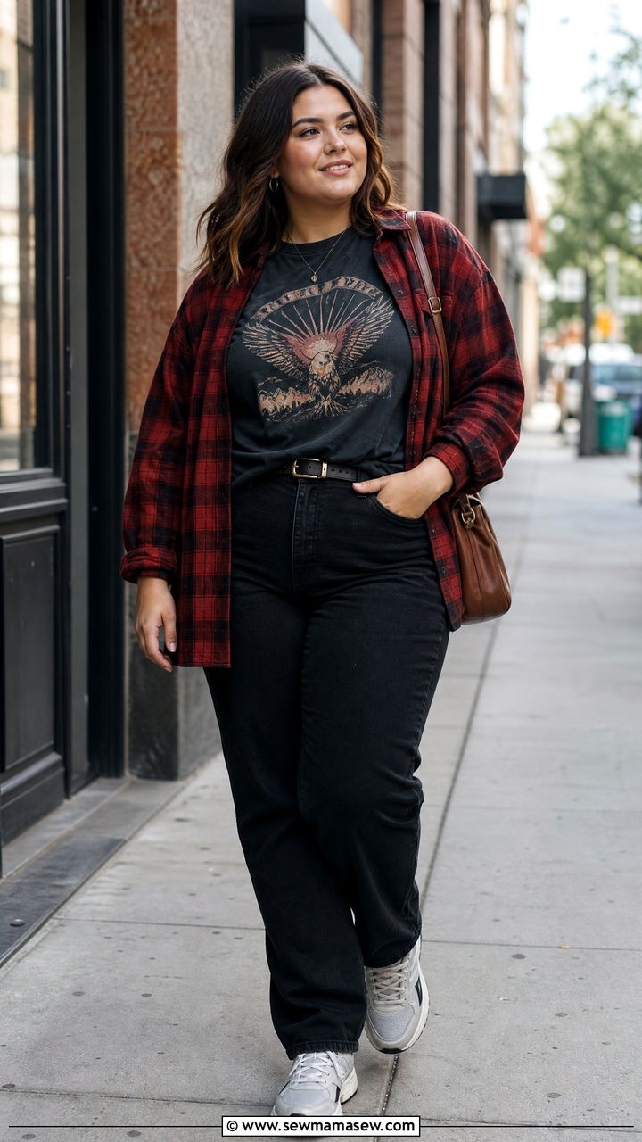Plus Size Flannel Shirt Over Graphic Tee Outfit - 20 plus size layered top outfit ideas