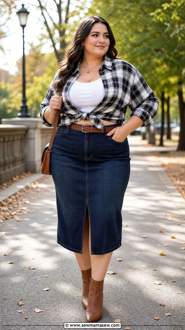 Plus Size Flannel Shirt With A Denim Skirt - 20 plus size flannel shirt outfit ideas