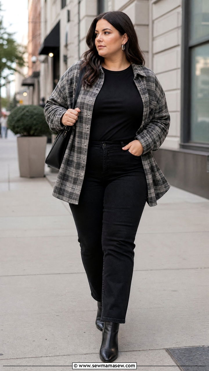 Plus Size Flannel Shirt With A Monochrome Base - 20 plus size flannel shirt outfit ideas