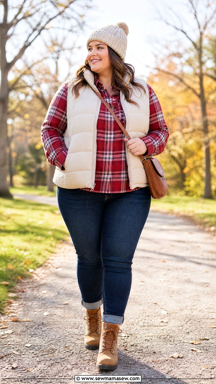 Plus Size Flannel Shirt With A Puffer Vest - 20 plus size flannel shirt outfit ideas