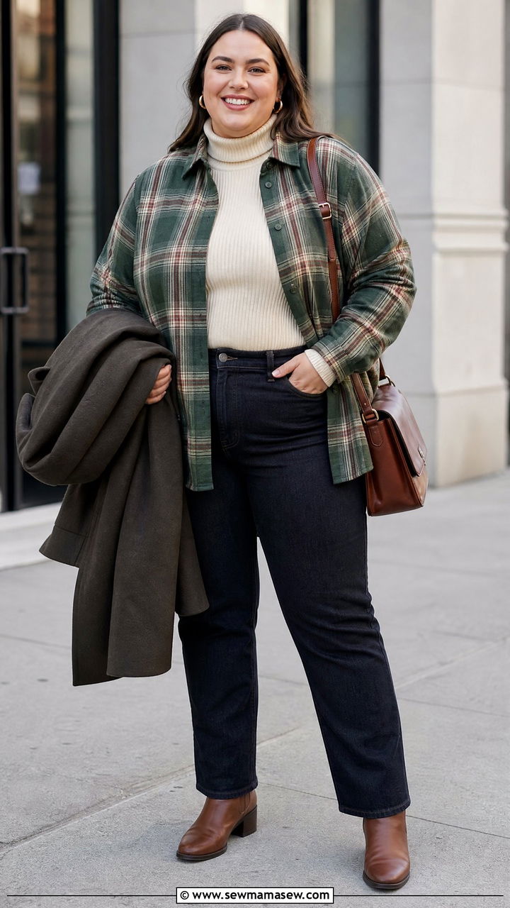 Plus Size Flannel Shirt With A Turtleneck - 20 plus size flannel shirt outfit ideas