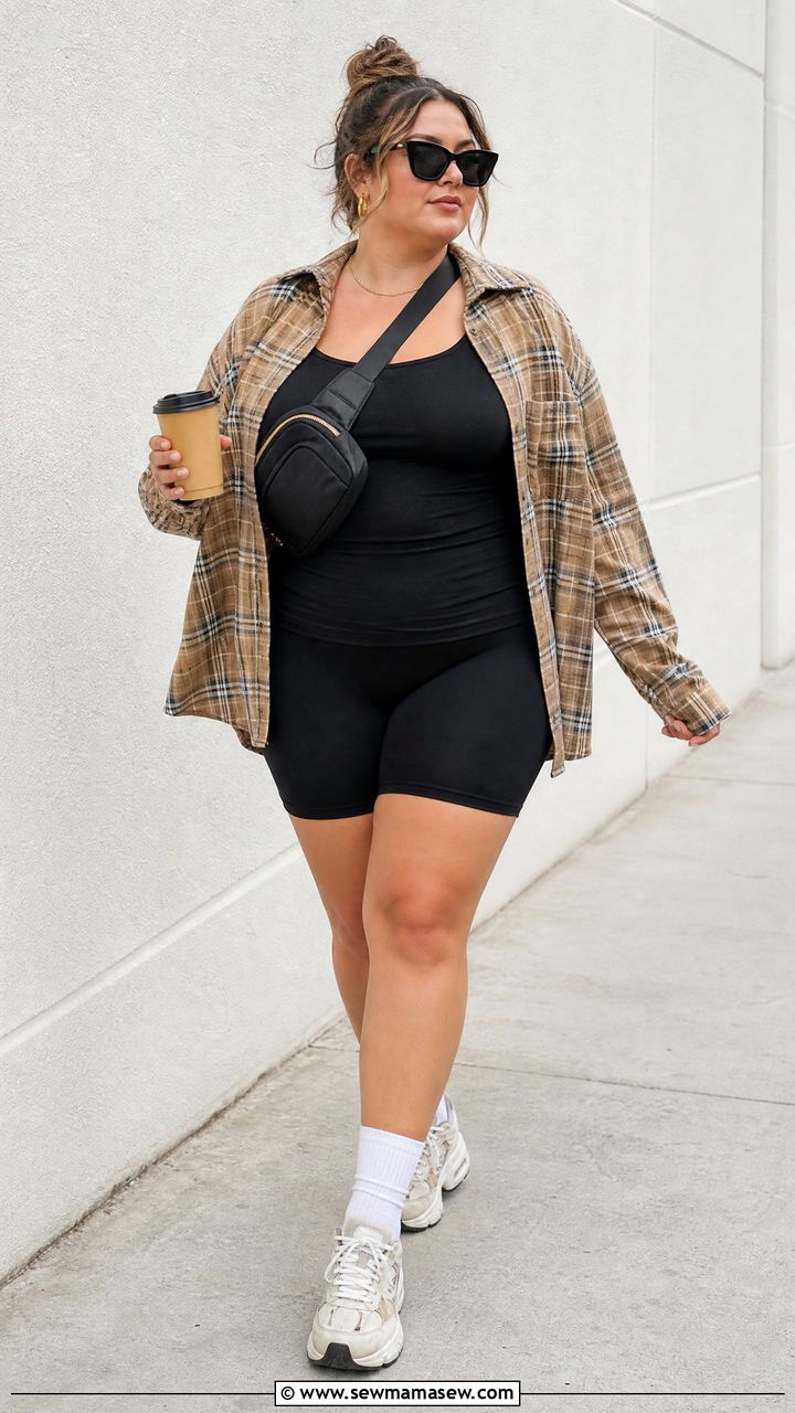 Plus Size Flannel Shirt With Bike Shorts - 20 plus size flannel shirt outfit ideas