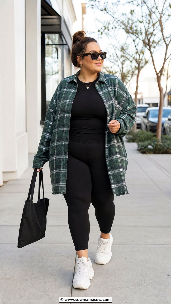 Plus Size Flannel Shirt With Black Leggings - 20 plus size flannel shirt outfit ideas