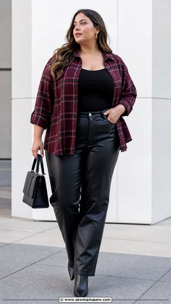 Plus Size Flannel Shirt With Faux Leather Pants - 20 plus size flannel shirt outfit ideas