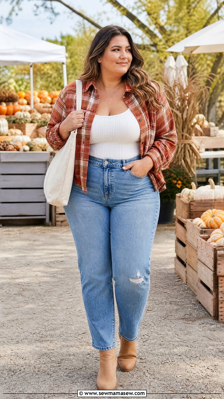 Plus Size Flannel Shirt With Mom Jeans - 20 plus size cozy fall outfits