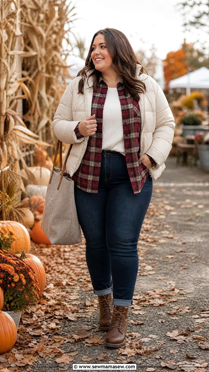 Plus Size Flannel Shirt With Puffer Jacket Outfit - 20 plus size layered fall outfit ideas