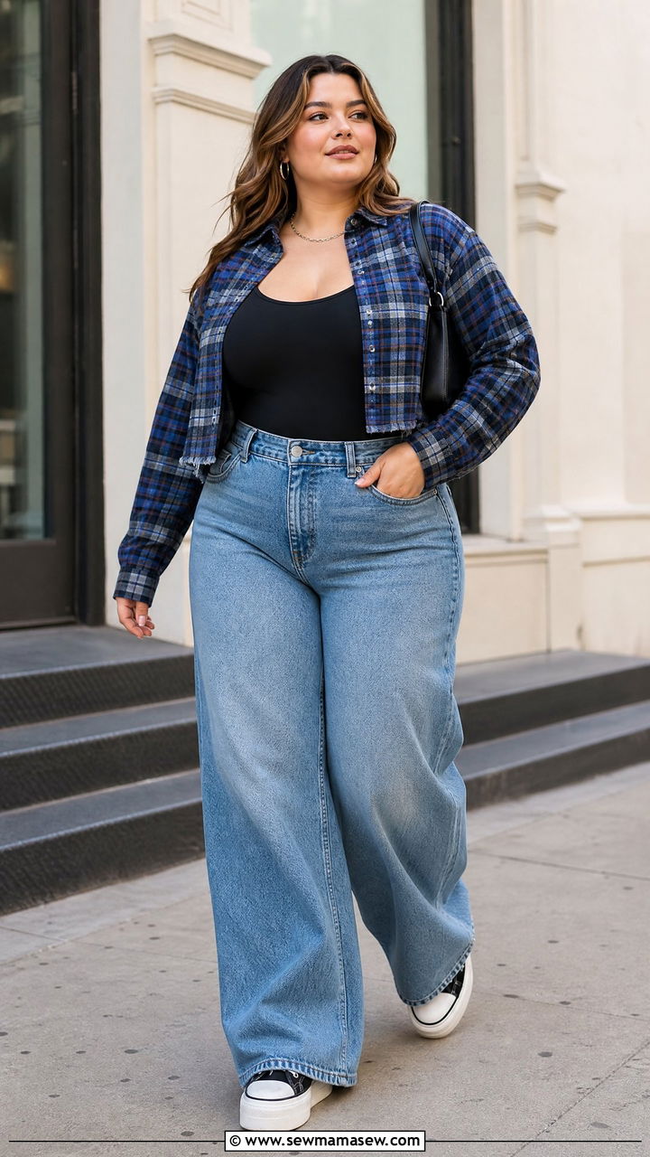 Plus Size Flannel Shirt With Wide Leg Jeans - 20 plus size flannel shirt outfit ideas