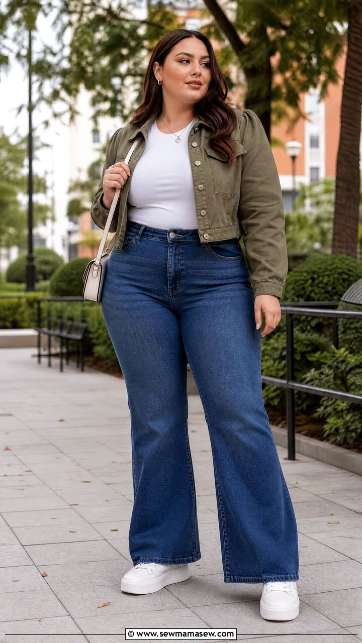 Plus Size Flare Jeans With Cropped Jacket - 20 plus size flare jeans outfit ideas