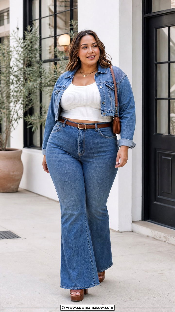 Plus Size Flare Jeans With Denim Jacket - 20 plus size flare jeans outfit ideas
