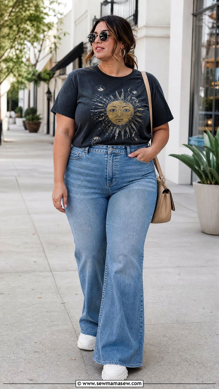 Plus Size Flare Jeans With Graphic Tee - 20 plus size flare jeans outfit ideas