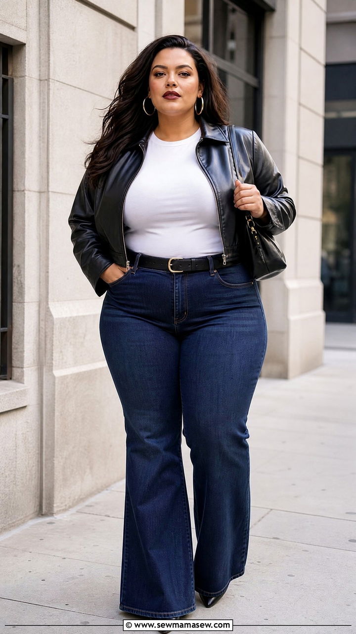 Plus Size Flare Jeans With Leather Jacket - 20 plus size flare jeans outfit ideas