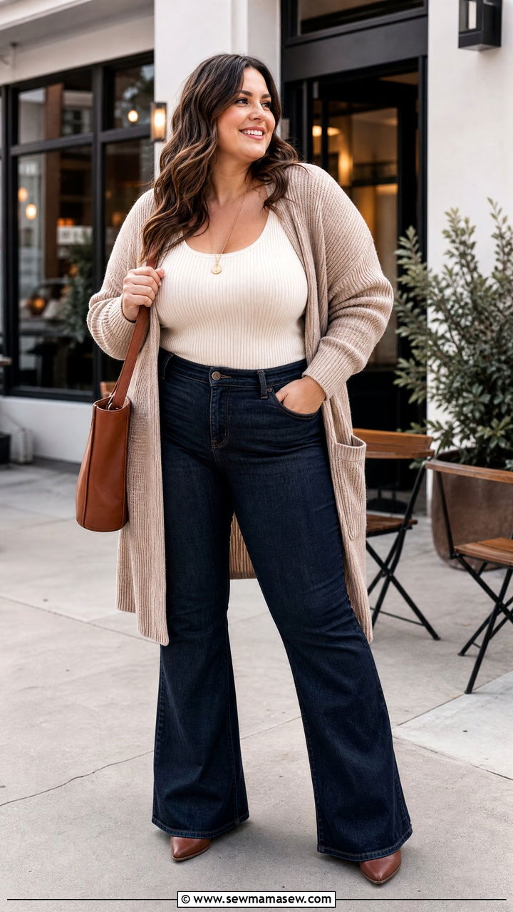 Plus Size Flare Jeans With Long Cardigan - 20 plus size flare jeans outfit ideas