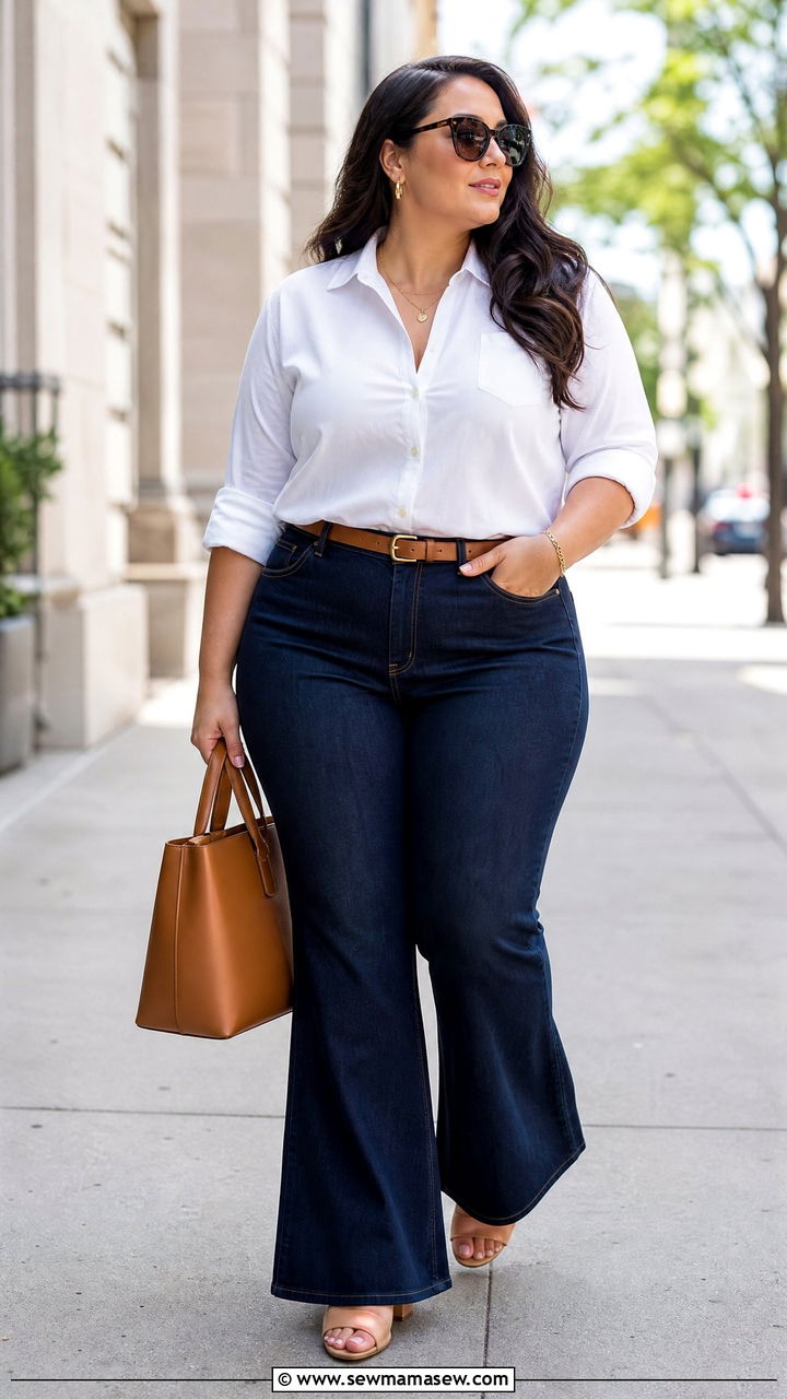 Plus Size Flare Jeans With White Button Down - 20 plus size flare jeans outfit ideas