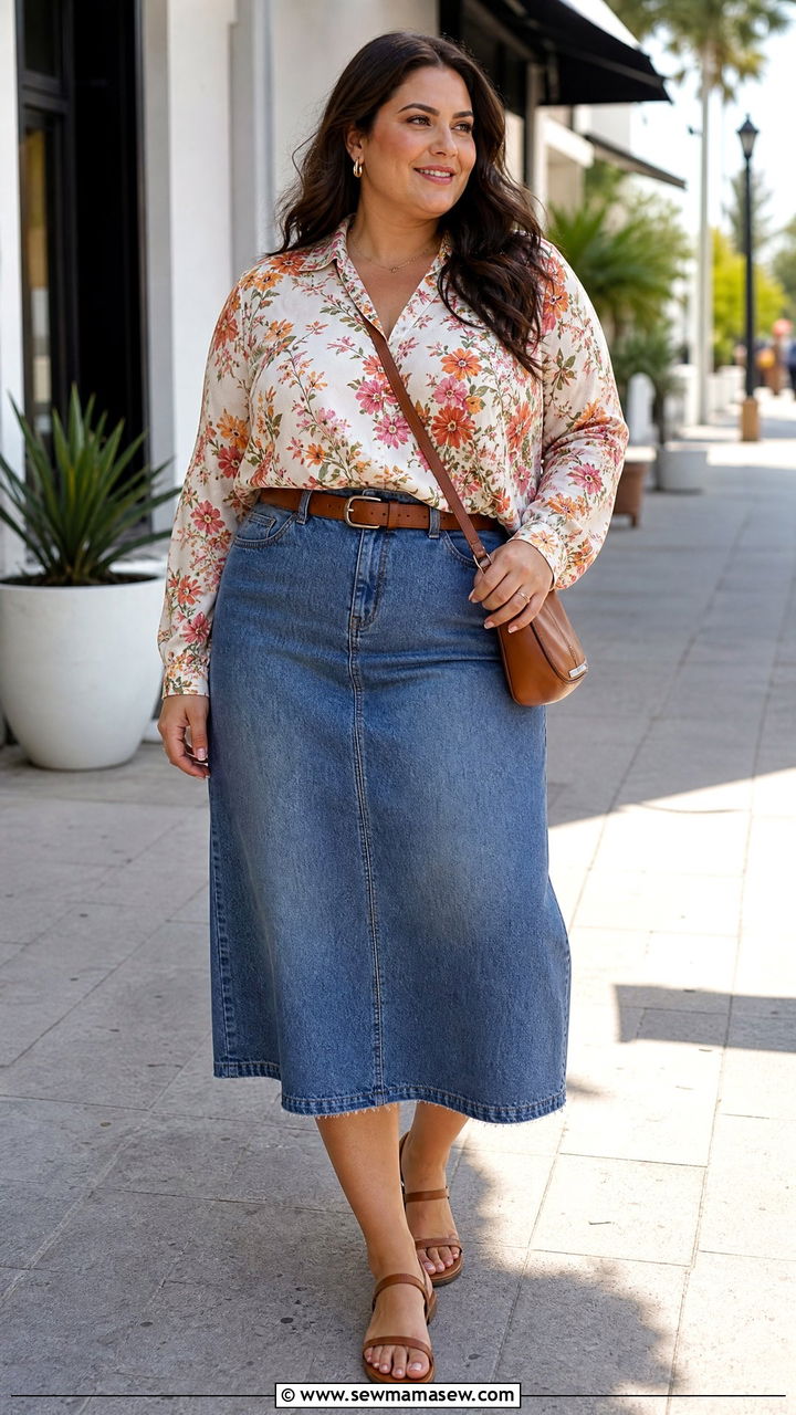 Plus Size Floral Blouse With Denim Skirt - 20 plus size floral blouse outfit ideas