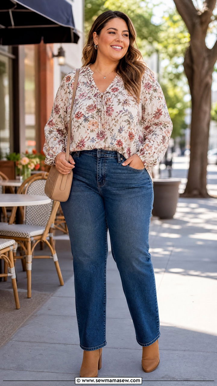 Plus Size Floral Blouse With Straight Leg Jeans - 20 plus size blouse outfit ideas