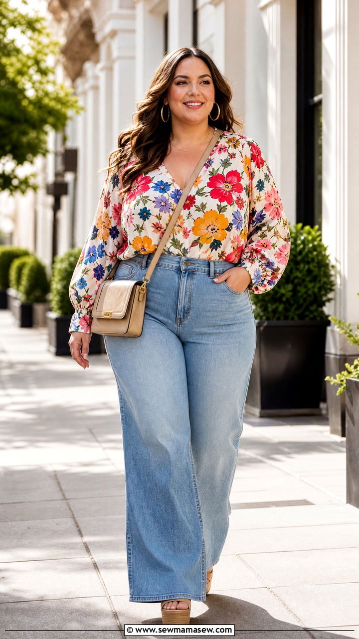 Plus Size Floral Blouse With Wide Leg Jeans - 20 plus size printed blouse outfit ideas