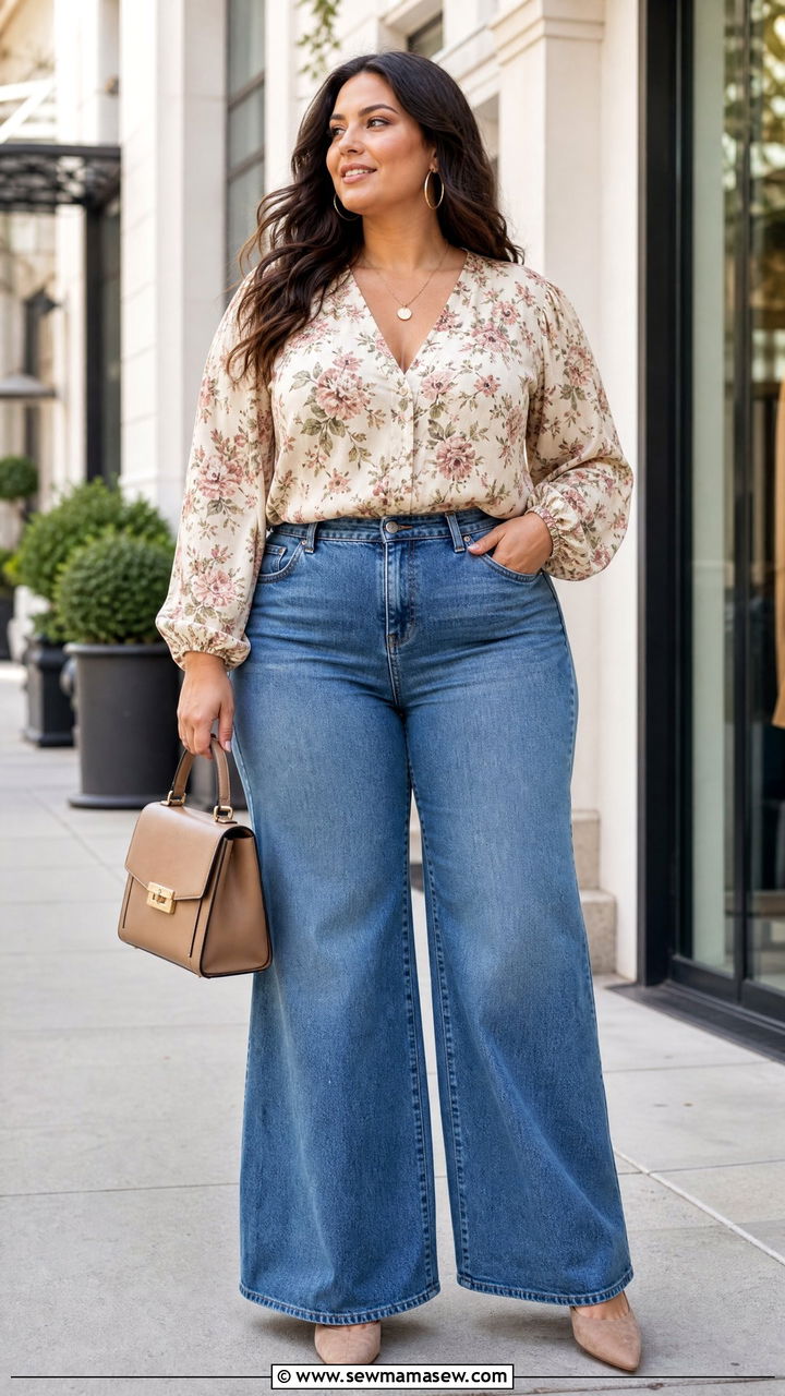 Plus Size Floral Blouse With Wide Leg Jeans Outfit - 20 plus size feminine top outfit ideas