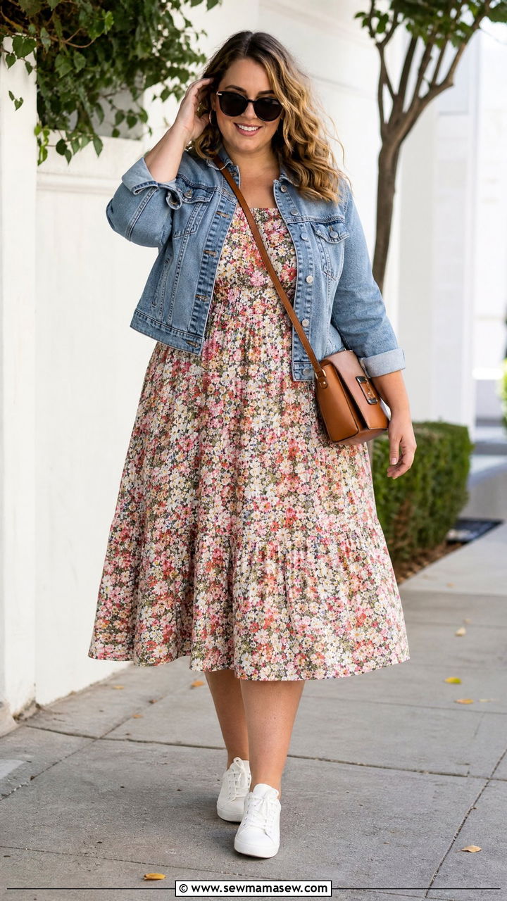 Plus Size Floral Dress And Denim Jacket Outfit - 20 plus size floral print outfit ideas