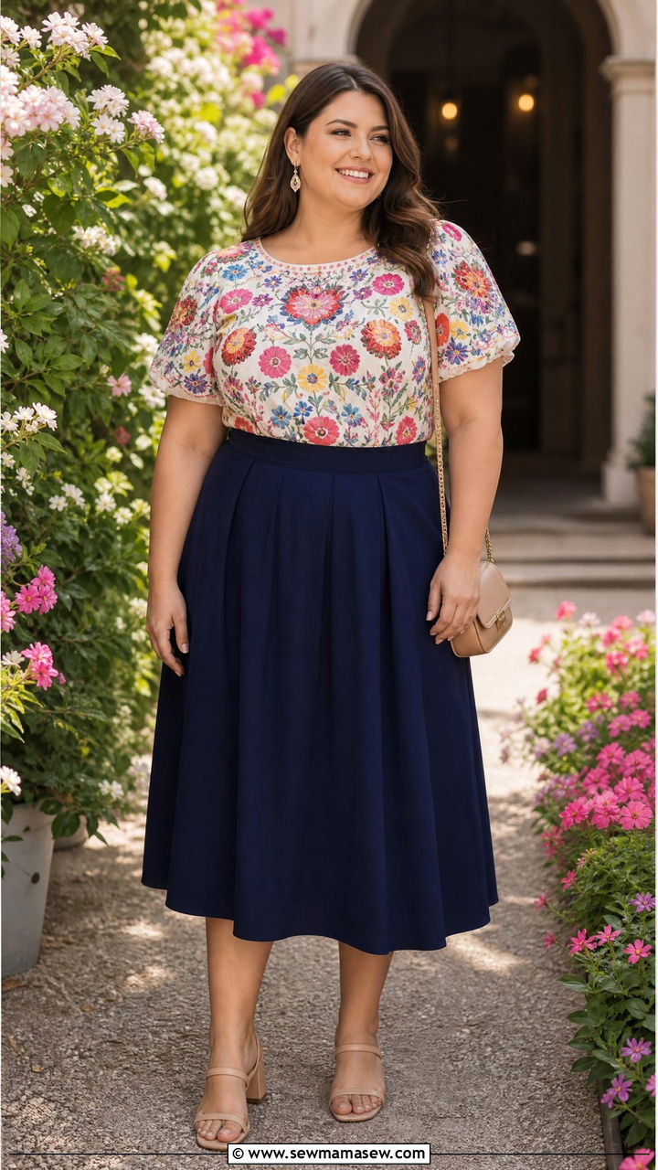 Plus Size Floral Embroidered Top With Midi Skirt - 20 plus size embroidered top outfit ideas