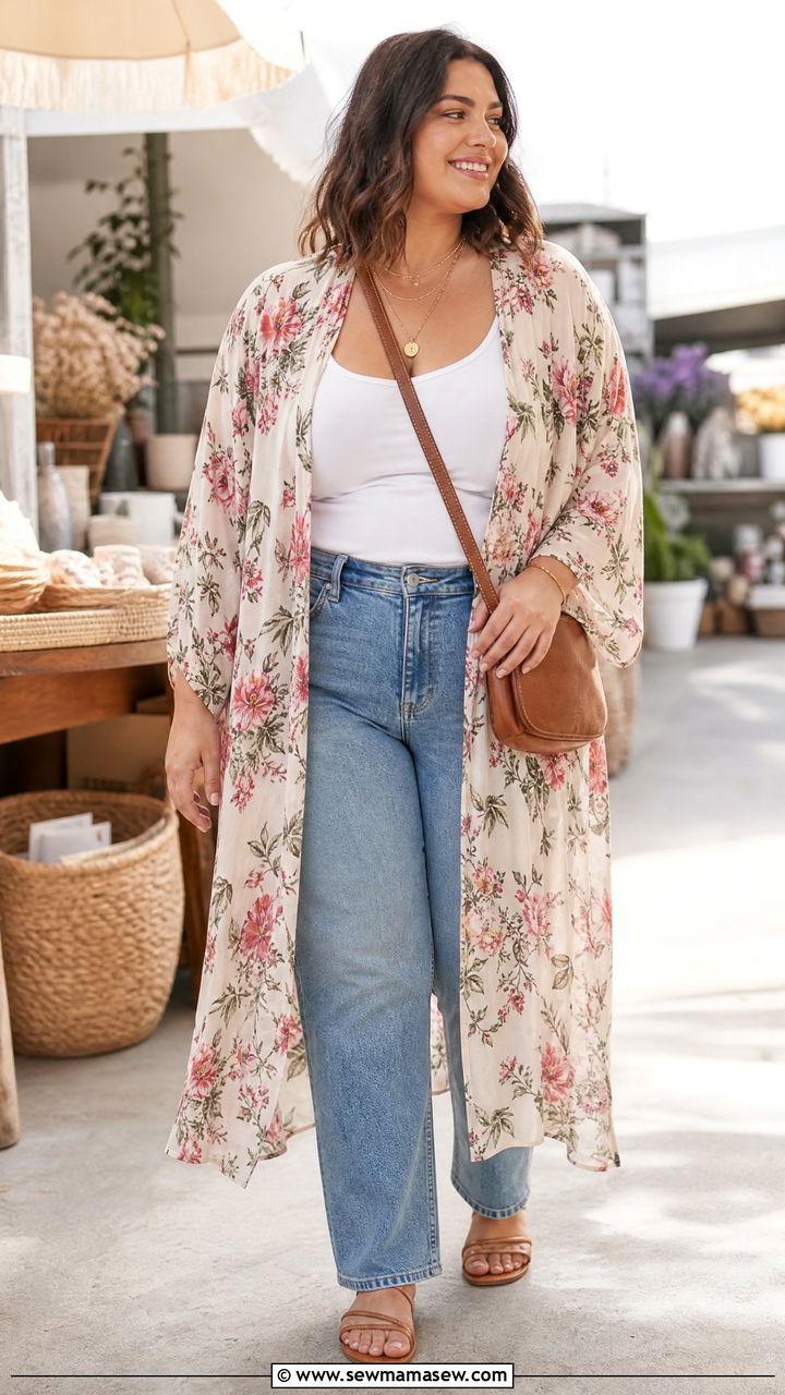 Plus Size Floral Kimono And Jeans Outfit - 20 plus size floral print outfit ideas