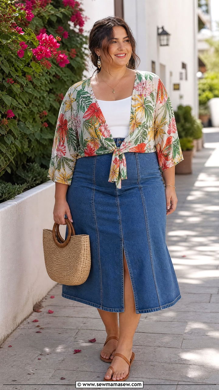 Plus Size Floral Knot Front Top With Denim Skirt - 20 plus size knot front top outfit ideas