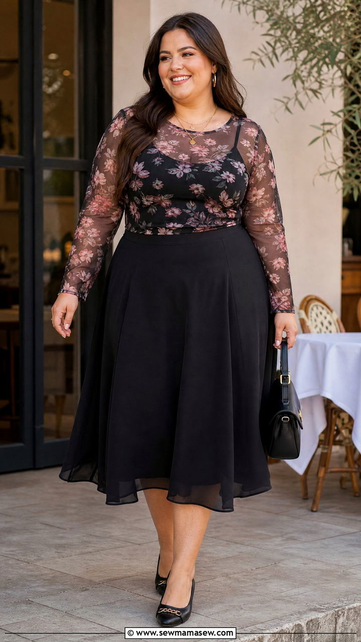 Plus Size Floral Mesh Top With Black Midi Skirt - 20 plus size mesh top outfit ideas