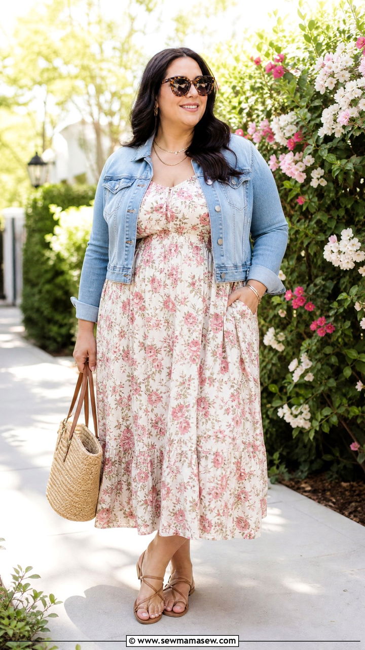 Plus Size Floral Midi Dress With Denim Jacket Outfit - 20 plus size summer outfit ideas for women over 40