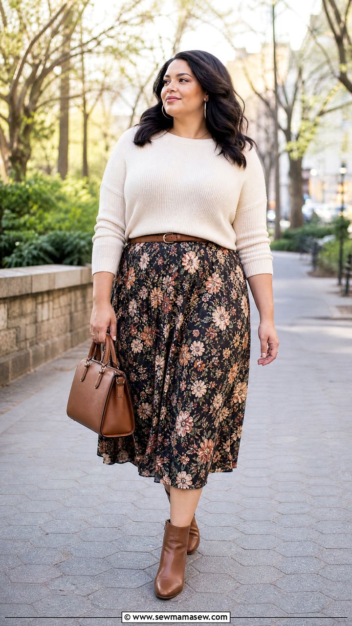 Plus Size Floral Midi Skirt And Sweater Outfit - 20 plus size floral print outfit ideas