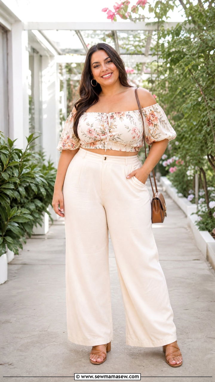 Plus Size Floral Off Shoulder Crop Top With Wide Leg Pants - 20 plus size off shoulder crop top outfit ideas