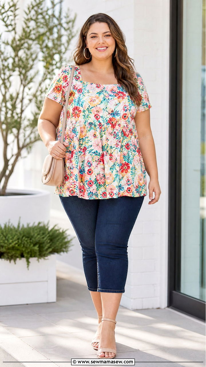 Plus Size Floral Swing Top With Jeans - 20 plus size swing top outfit ideas