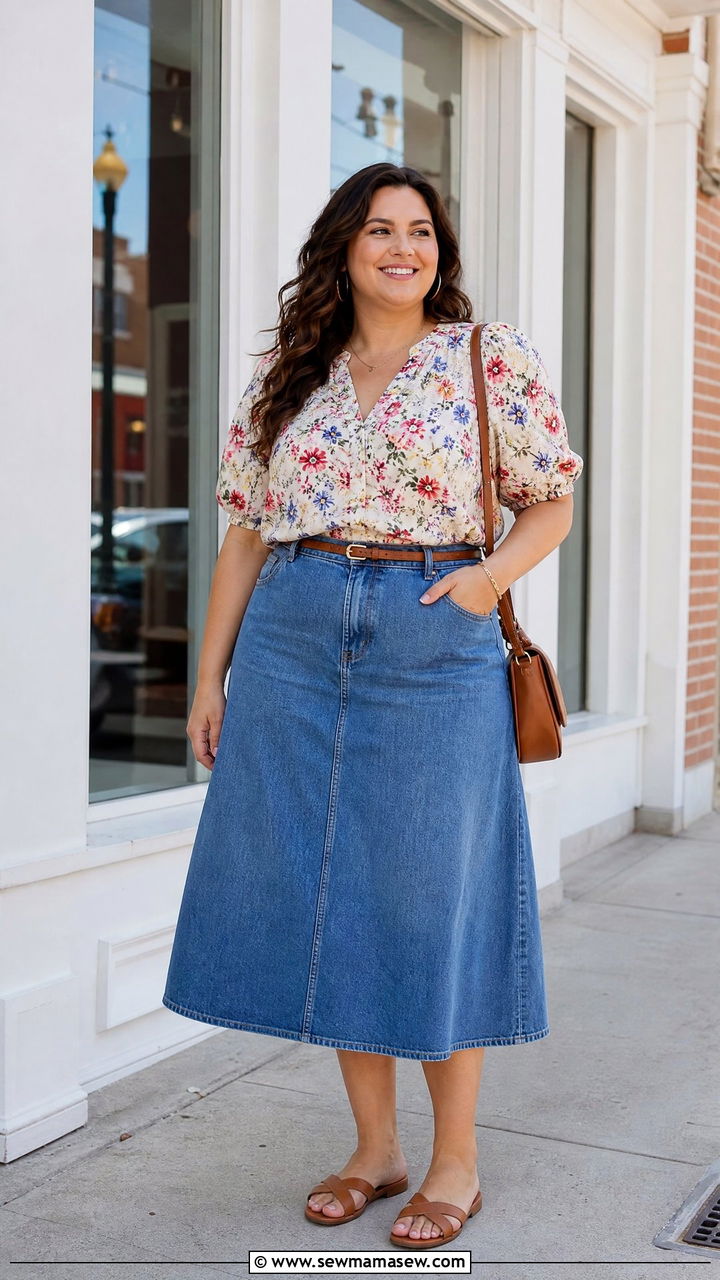 Plus Size Floral Top With Denim Skirt - 20 plus size floral top outfit ideas