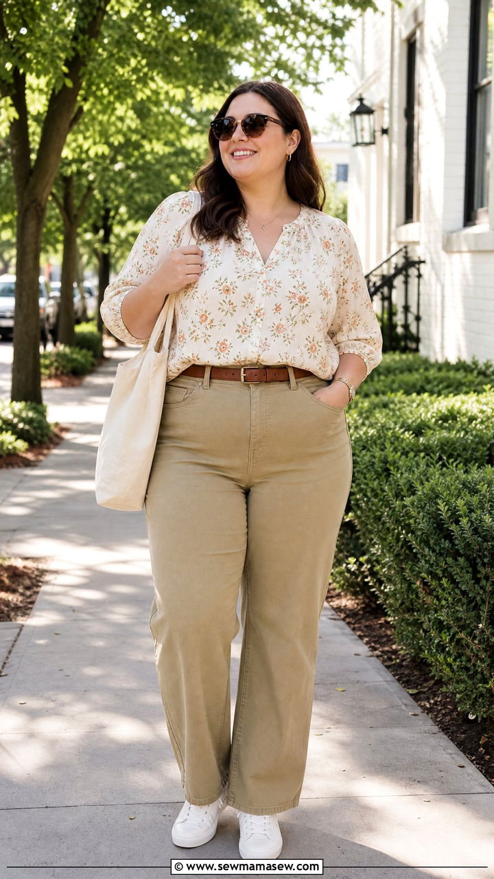 Plus Size Floral Top With Khaki Pants - 20 plus size floral top outfit ideas