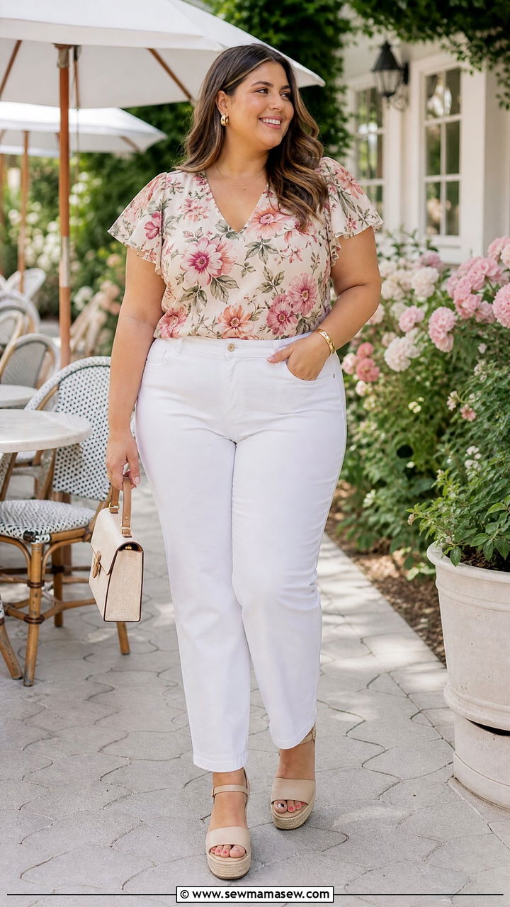 Plus Size Floral Top With Straight Leg Pants Outfit - 20 plus size cute summer tops outfit ideas