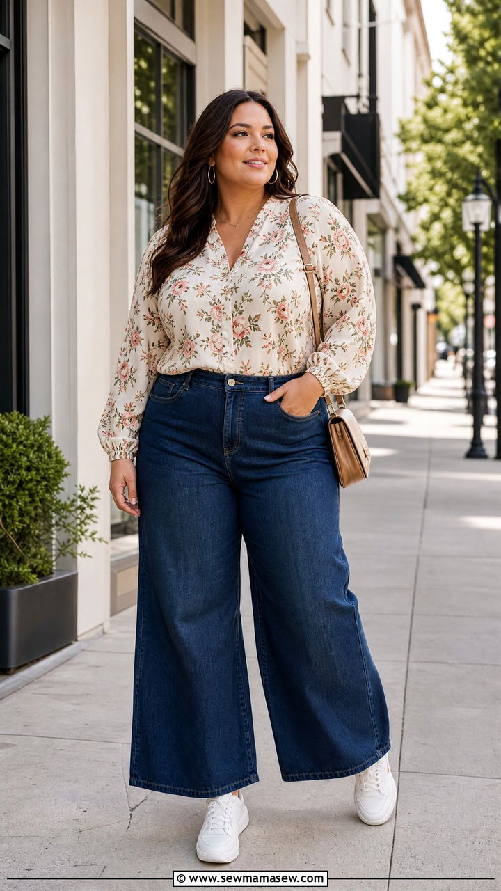 Plus Size Floral Top With Wide Leg Jeans - 20 plus size floral top outfit ideas