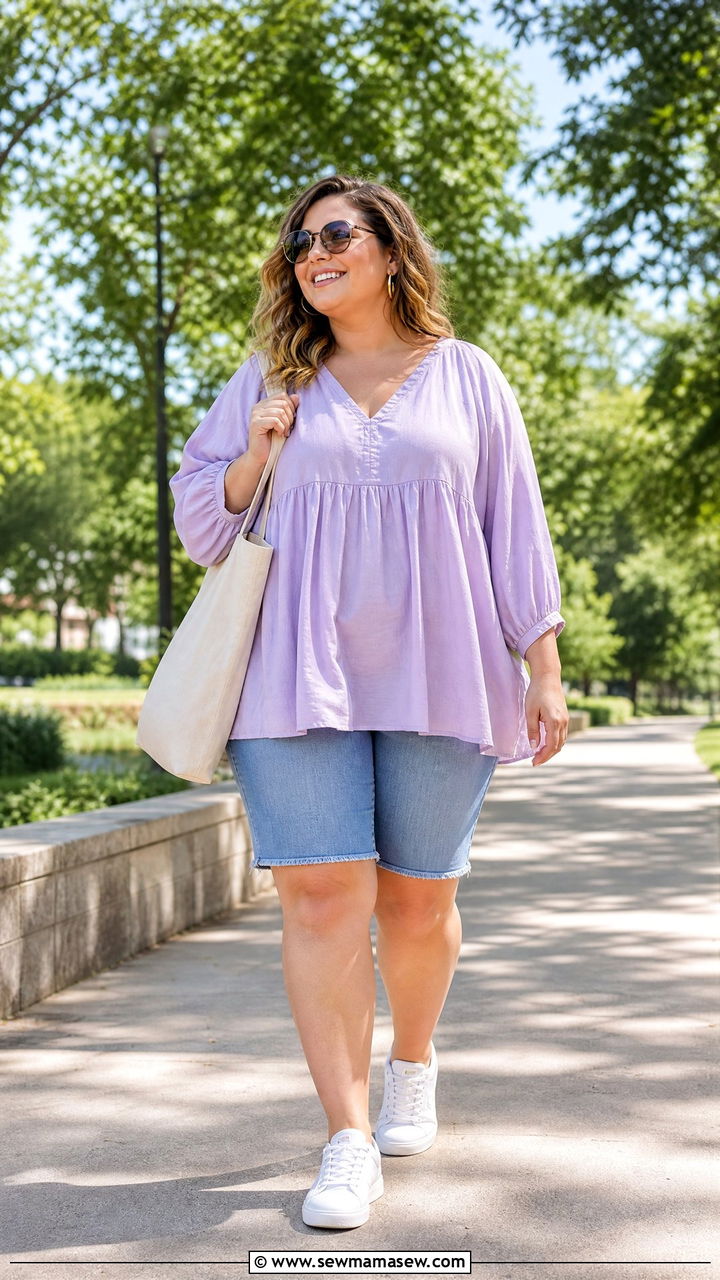 Plus Size Flowy Top With Denim Shorts - 20 plus size flowy top outfit ideas
