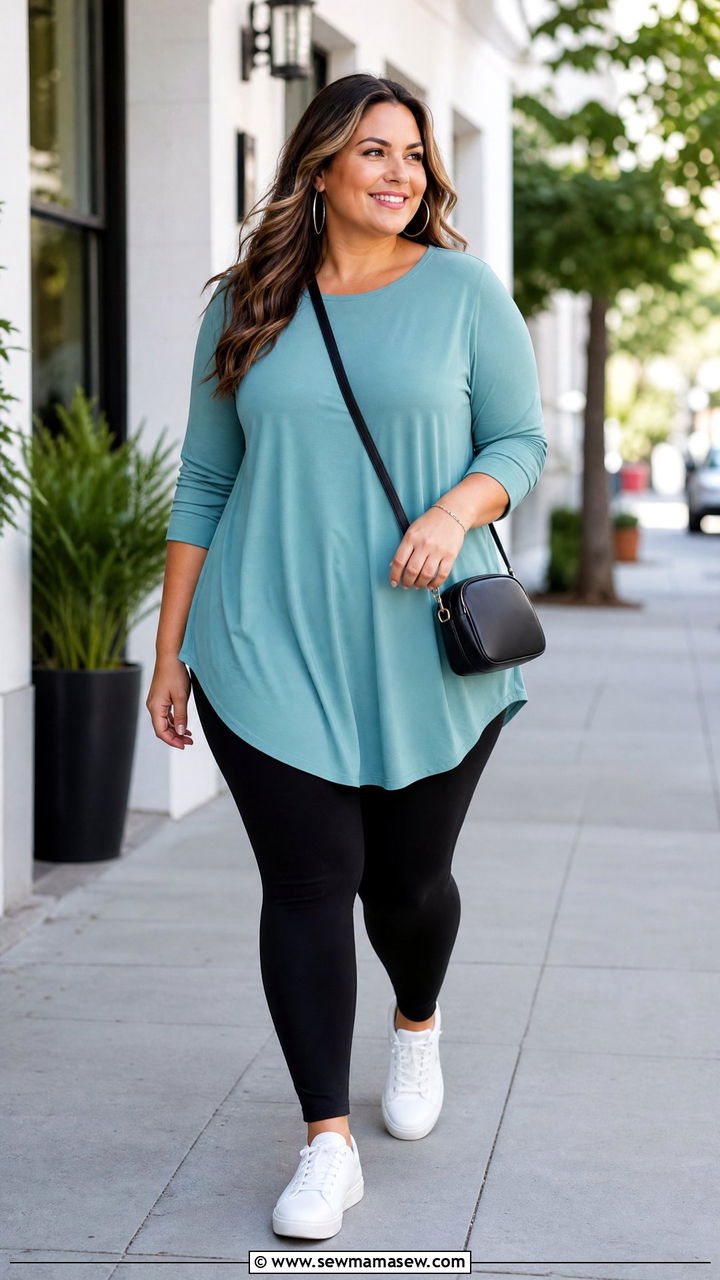 Plus Size Flowy Tunic Top With Black Leggings - 20 plus size flowy tunic top outfit ideas