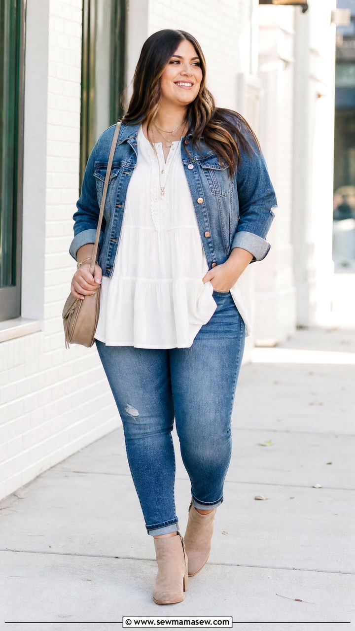 Plus Size Flowy Tunic Top With Denim Jacket - 20 plus size flowy tunic top outfit ideas