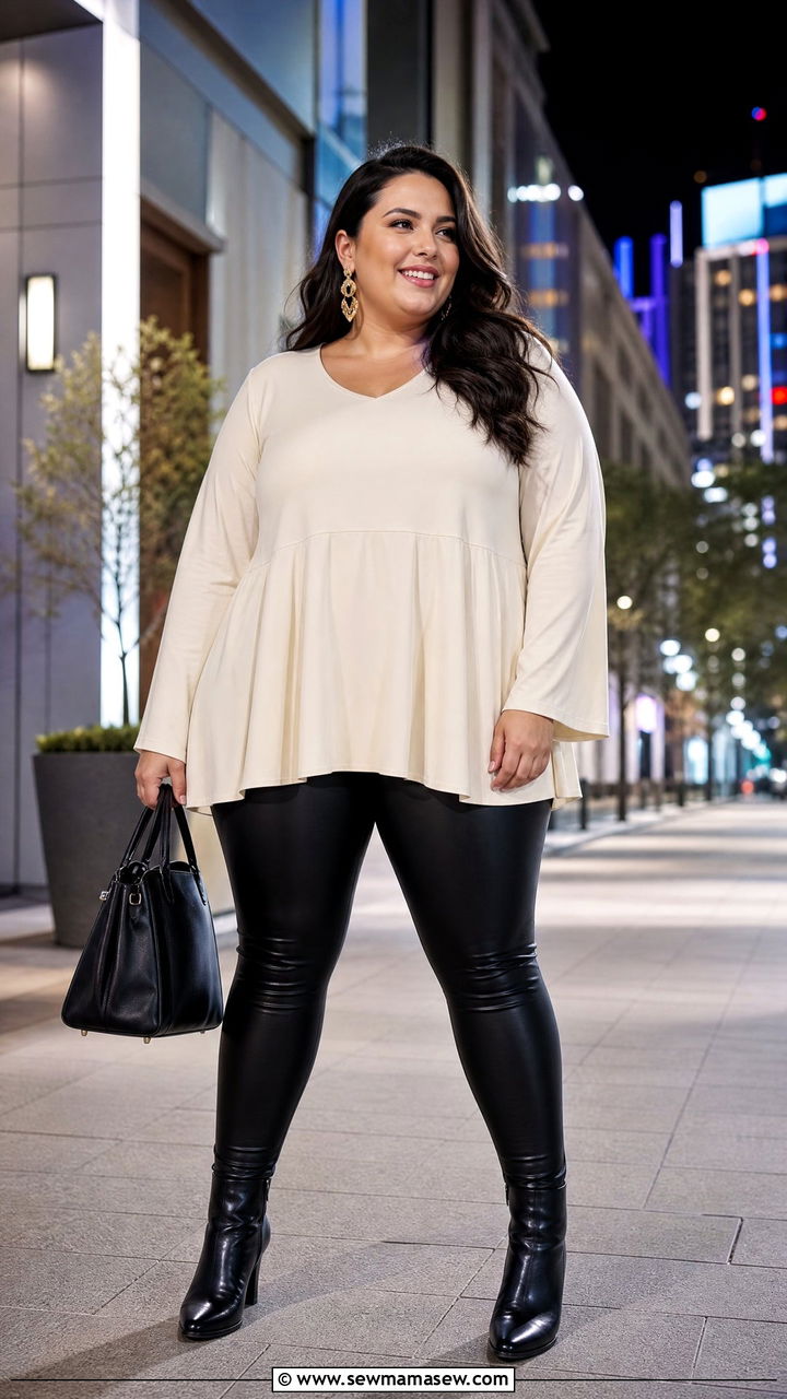 Plus Size Flowy Tunic Top With Faux Leather Leggings - 20 plus size flowy tunic top outfit ideas