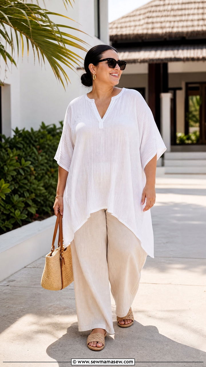 Plus Size Flowy Tunic Top With Linen Pants - 20 plus size flowy tunic top outfit ideas