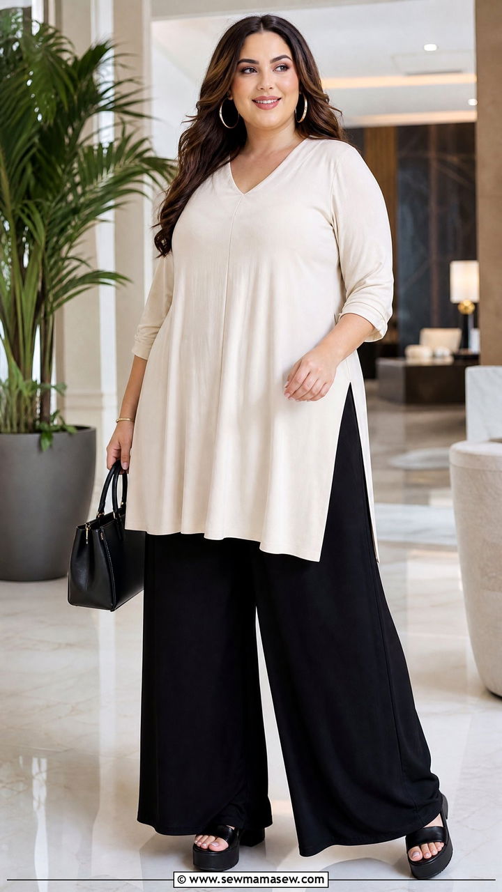 Plus Size Flowy Tunic Top With Palazzo Pants - 20 plus size flowy tunic top outfit ideas