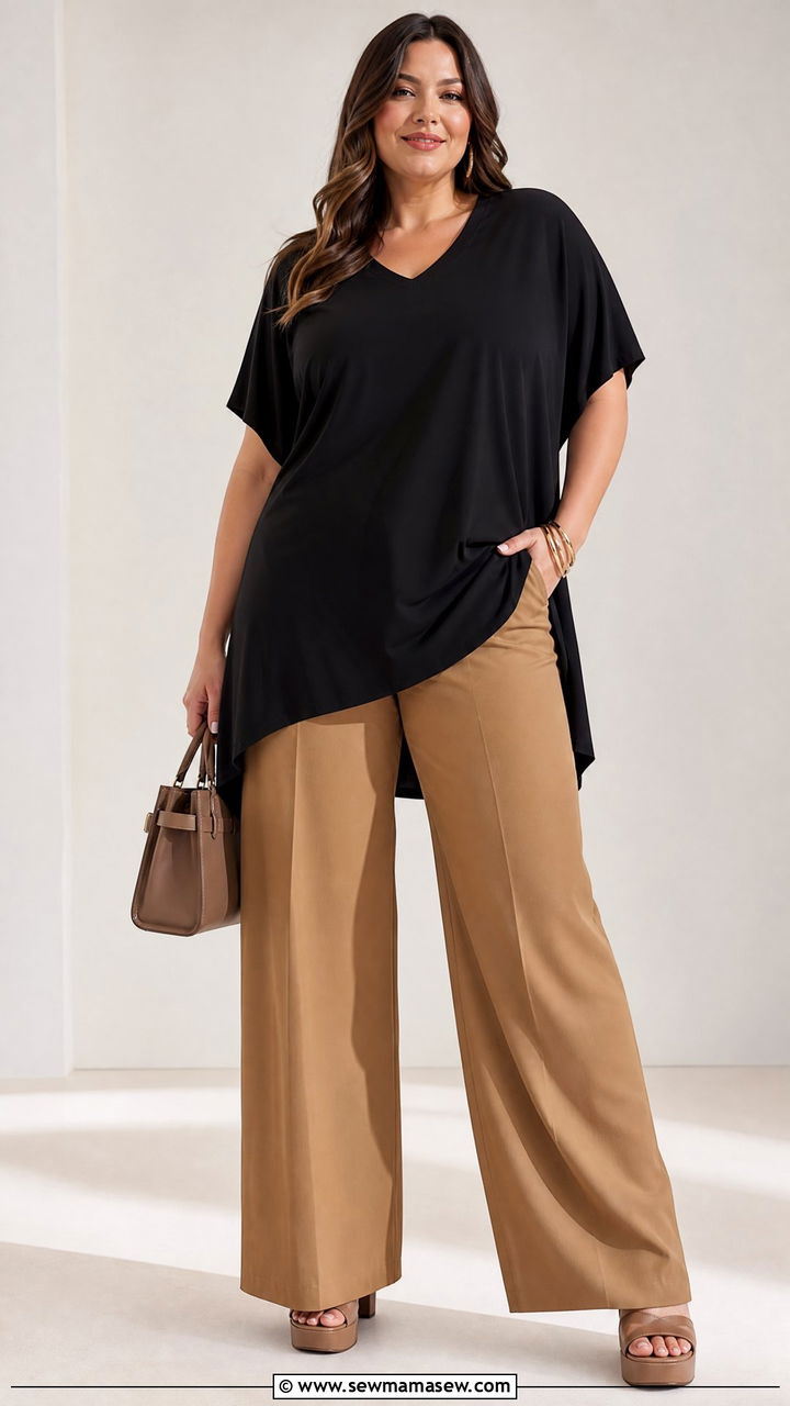 Plus Size Flowy Tunic Top With Wide Leg Pants - 20 plus size flowy tunic top outfit ideas