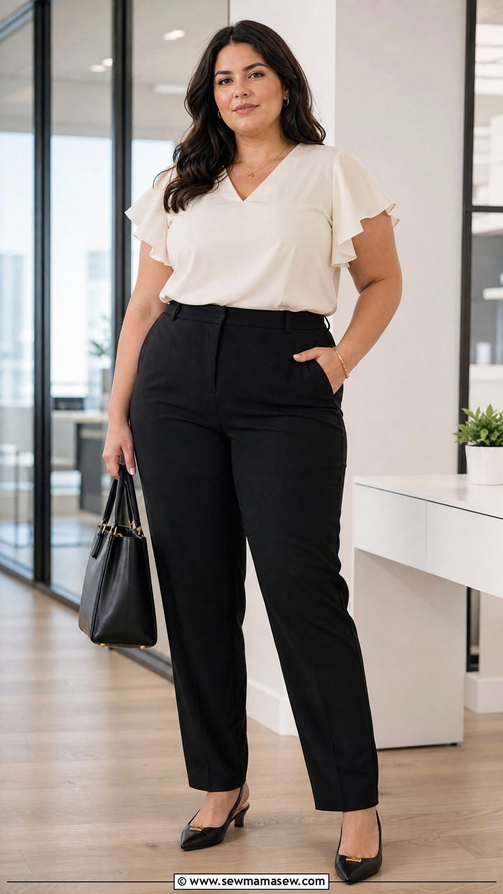 Plus Size Flutter Sleeve Top With Black Trousers - 20 plus size flutter sleeve top outfit ideas
