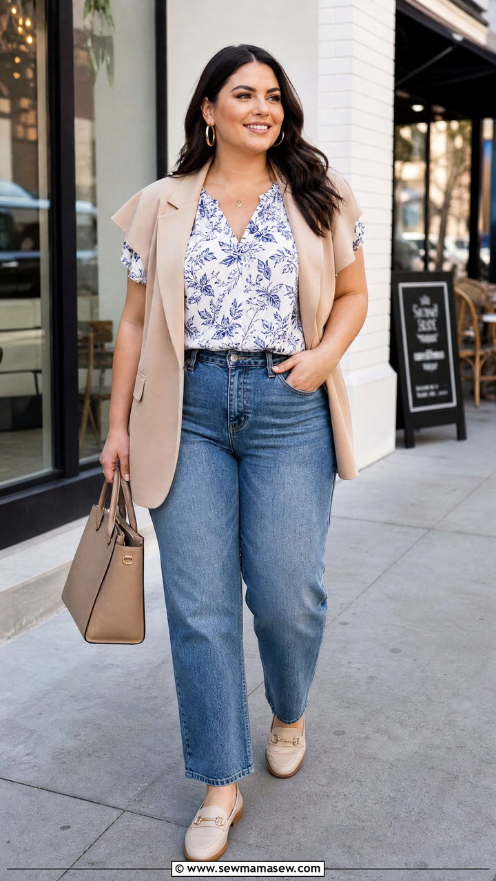 Plus Size Flutter Sleeve Top With Blazer And Jeans - 20 plus size flutter sleeve top outfit ideas