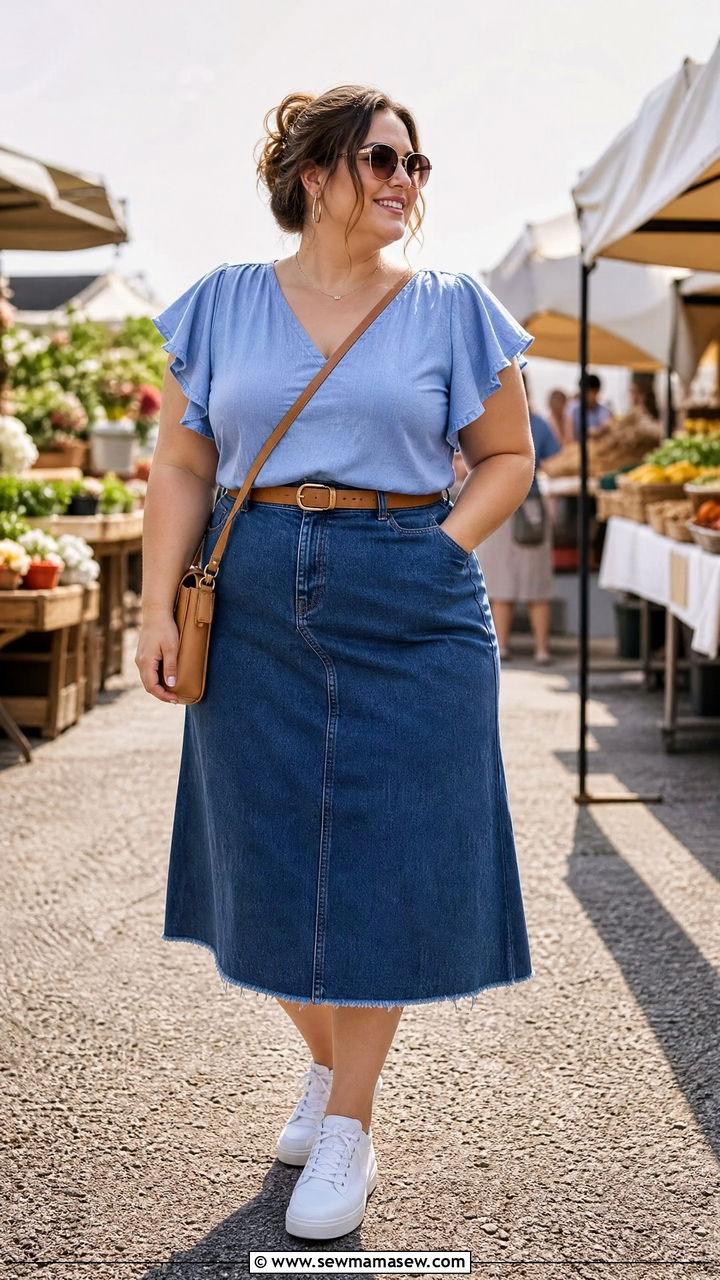 Plus Size Flutter Sleeve Top With Denim Skirt - 20 plus size flutter sleeve top outfit ideas